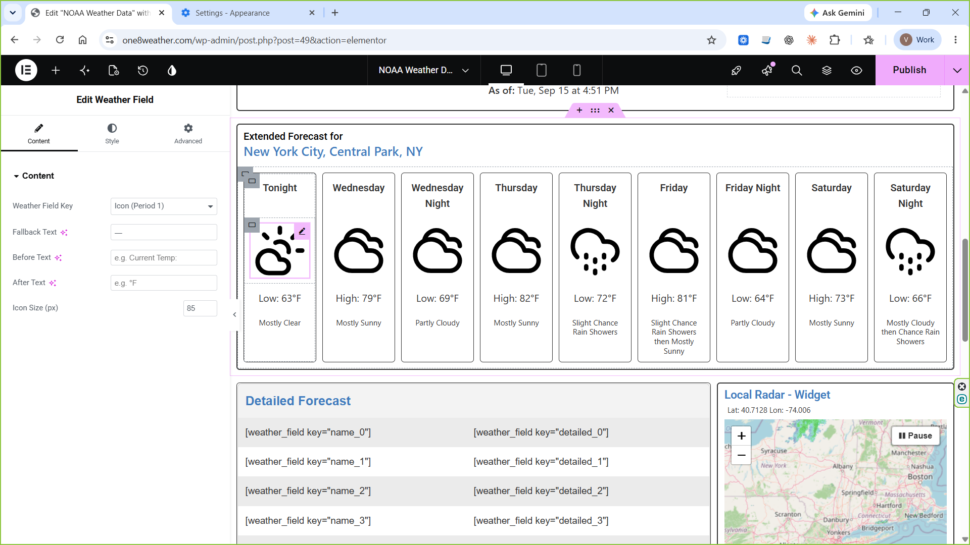 Forecast, detailed forecast, and radar modules arranged in Elementor