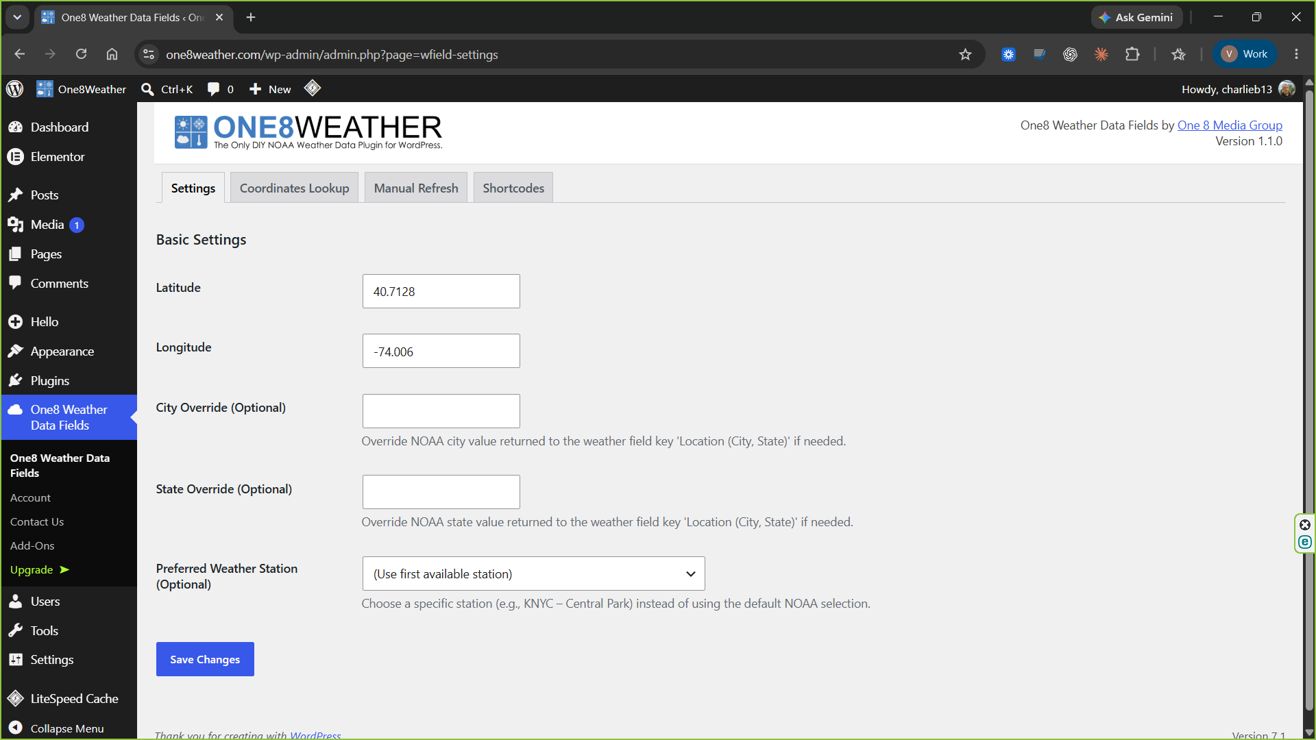 One8Weather Core latitude, longitude, and station settings