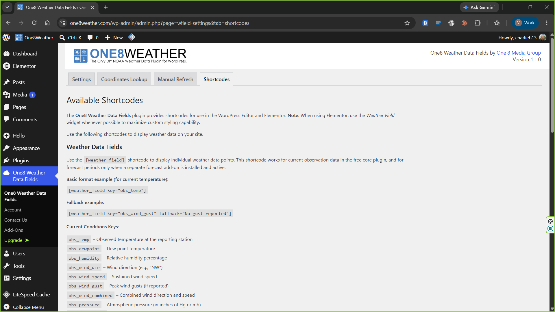 One8Weather Core shortcode reference