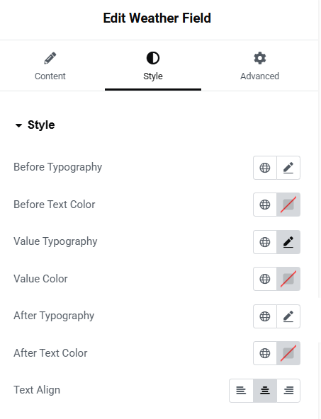 One8Weather field styling controls in Elementor