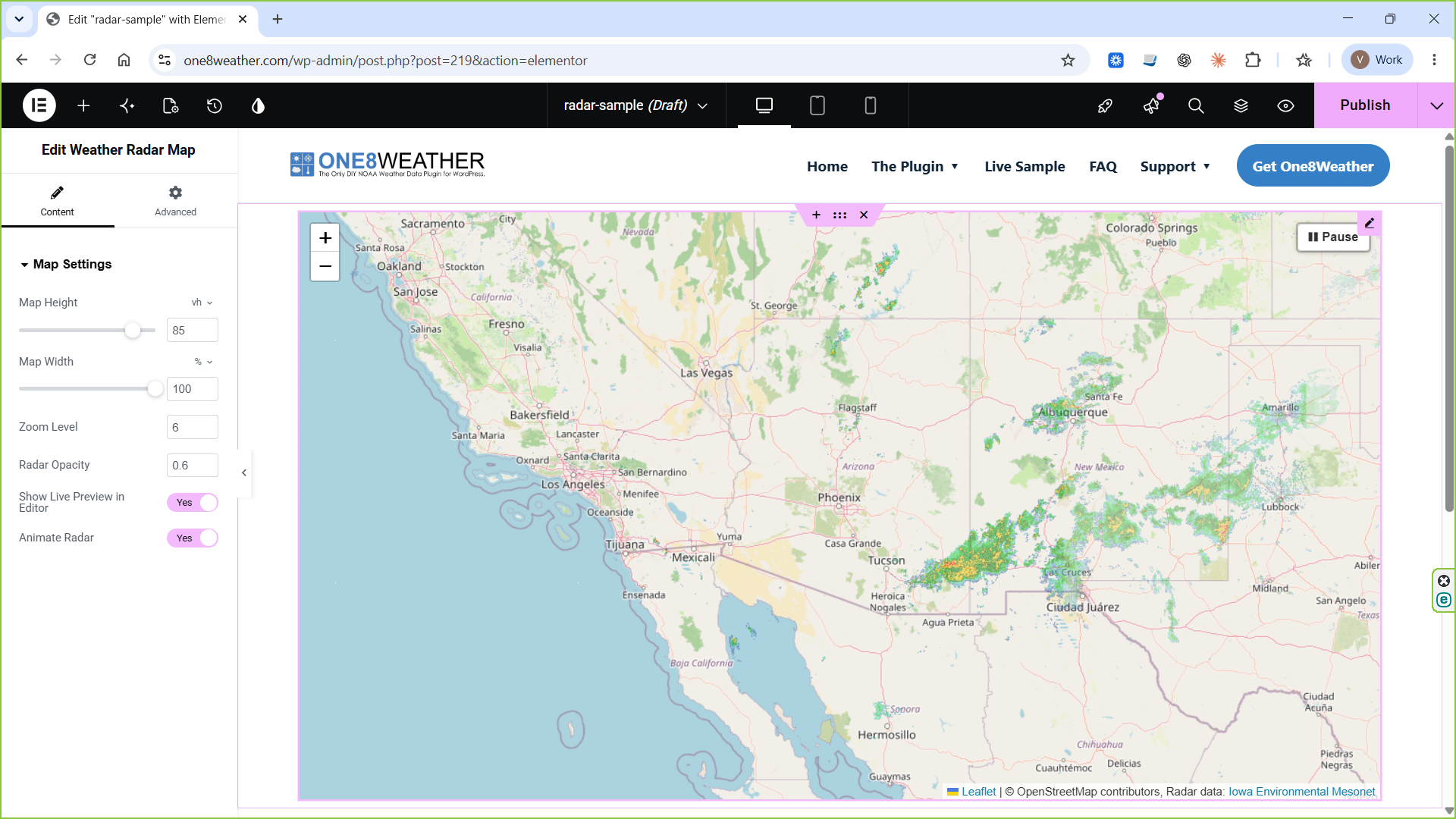 One8Weather Radar height, width, zoom, opacity, and animation controls